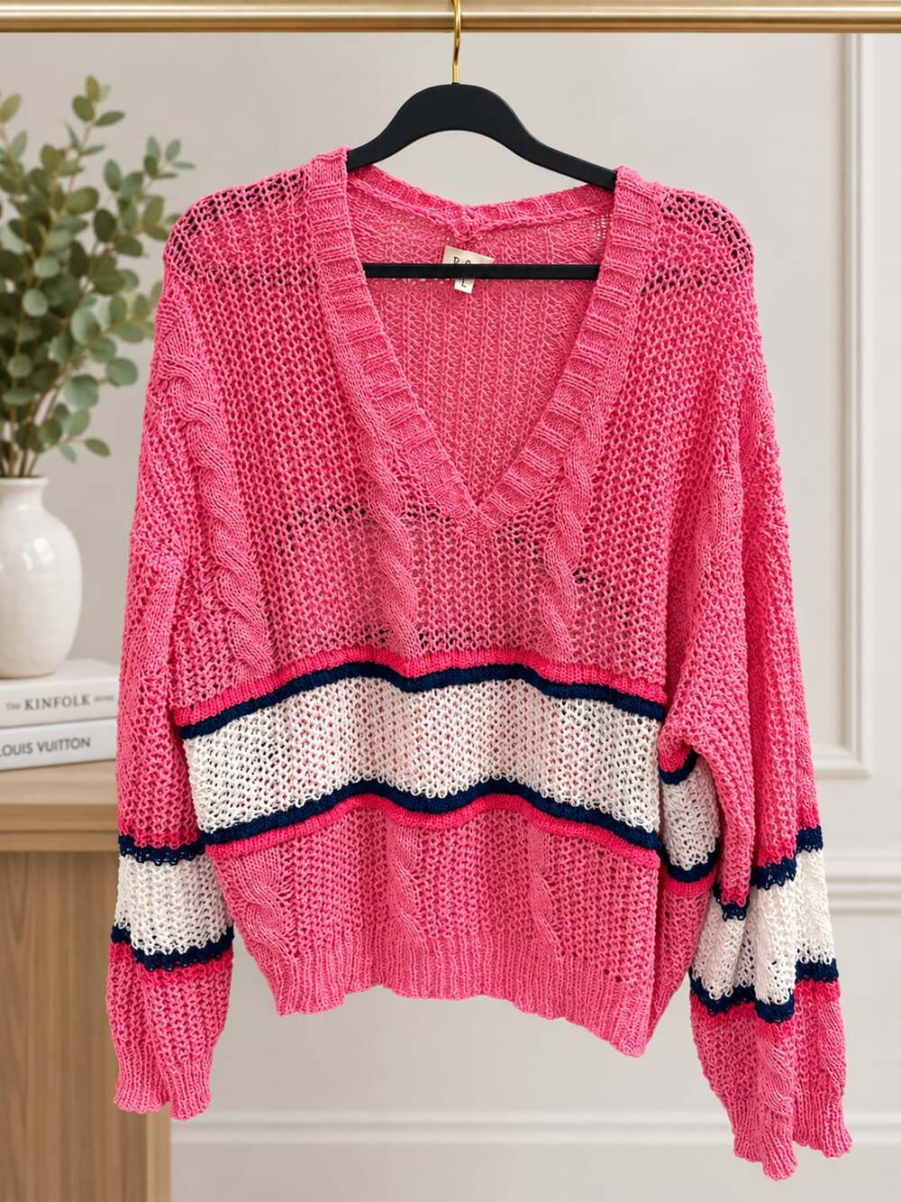 NWOT Pol  Women Oversized V-Neck Striped Knit Long Sleeve Sweater Sz L